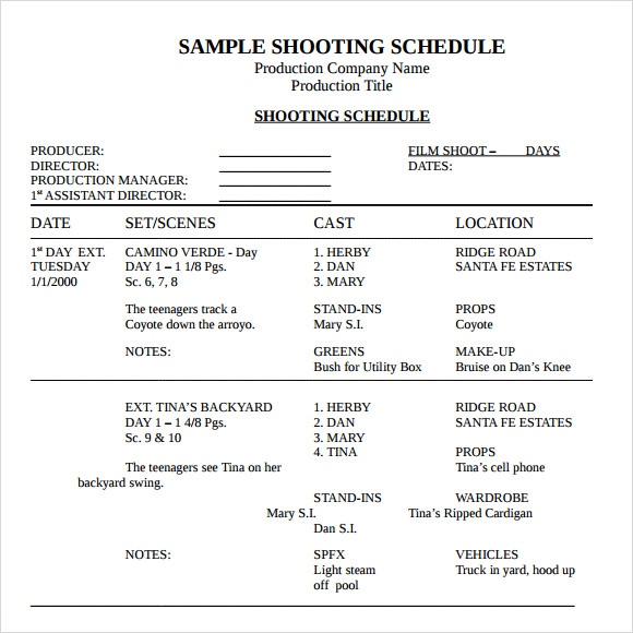 Shooting Schedule Template Word