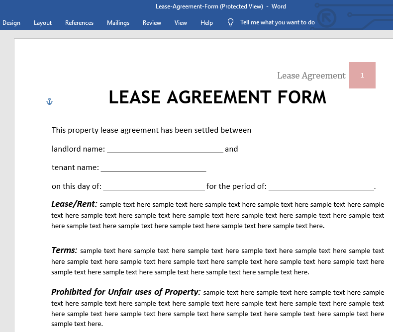 screenshot of a lease agreement in MS Word