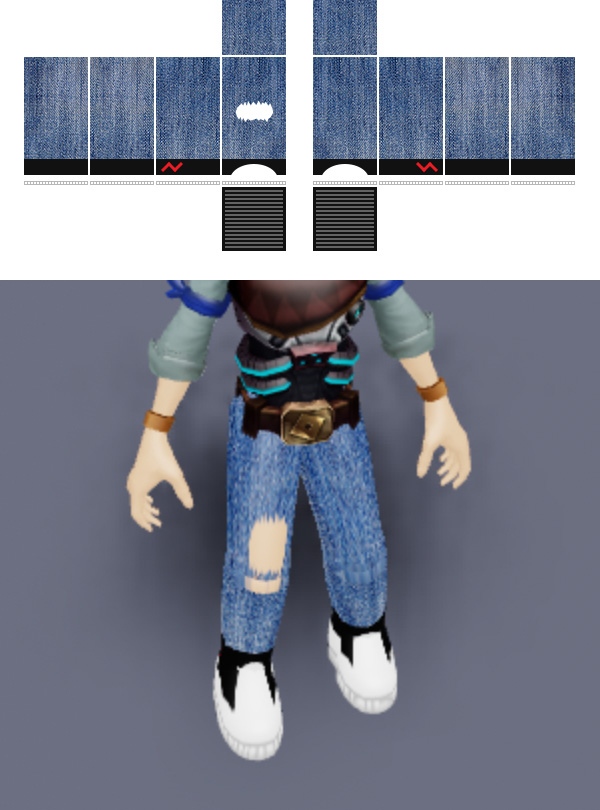 roblox avatar wearing pants and roblox pants template showing how to make those pants