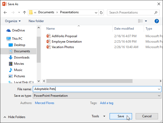 How to choose file location for powerpoint