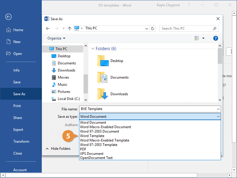 Word template option in MS Word saving