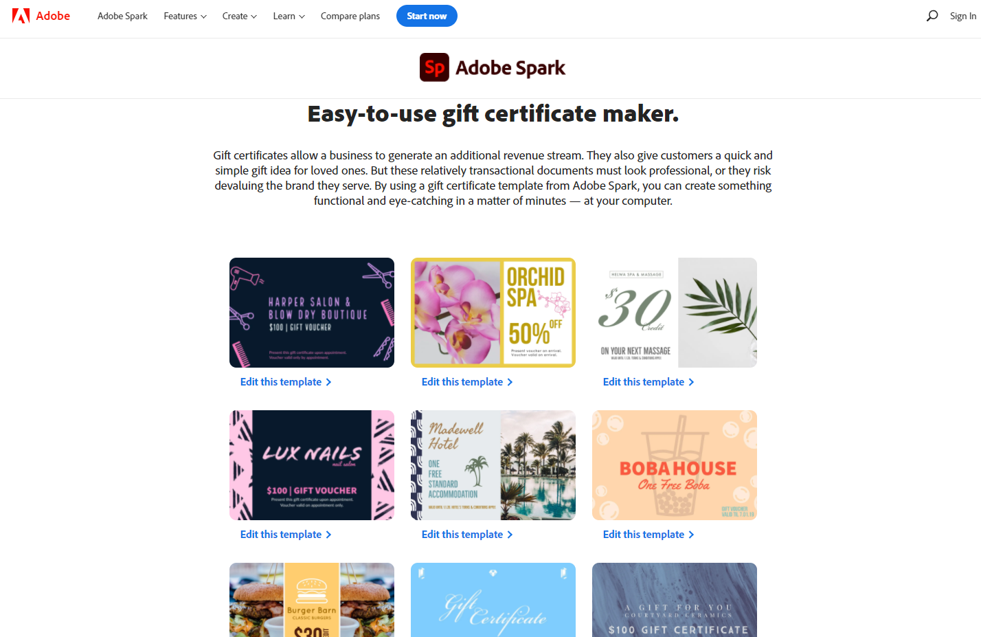 Adobe page gift certificate maker with different templates