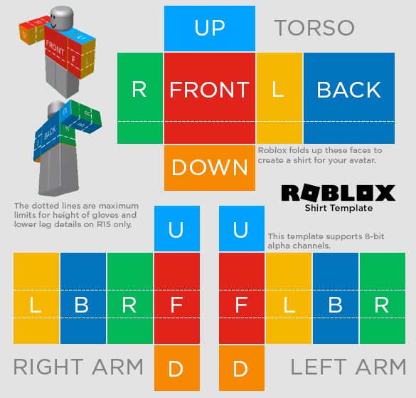 Roblox shirt template with directions and measurements of torso and arms
