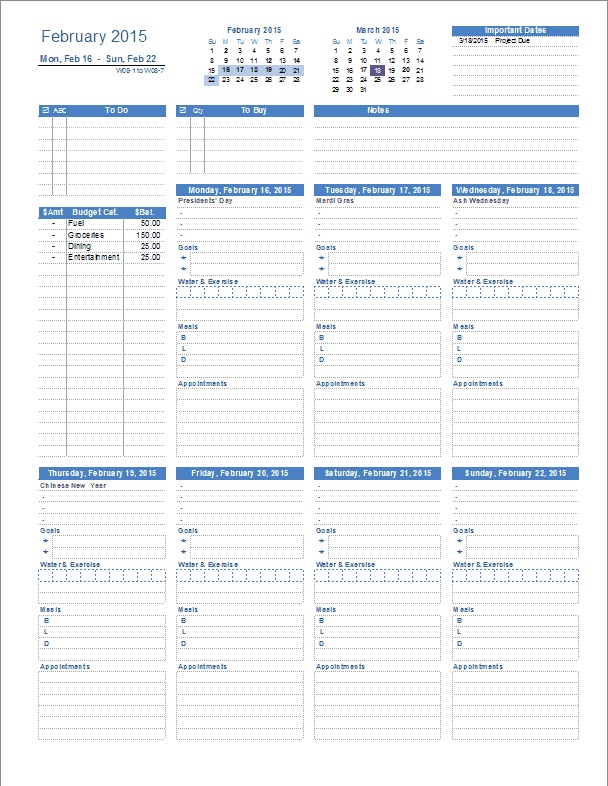 Sample of personal planner template