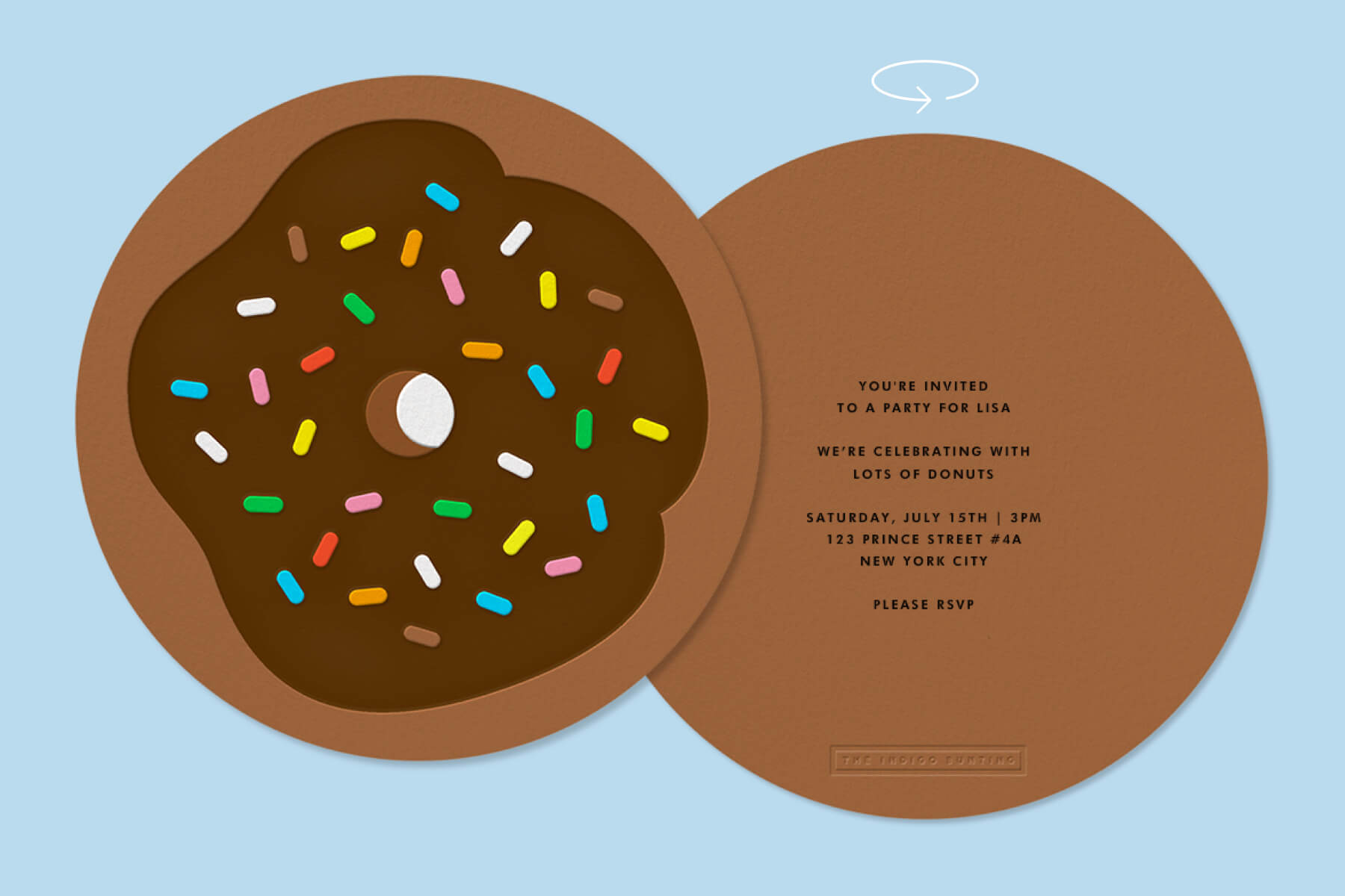 Chocolate donut with sprinkles on top invitation for birthday parade