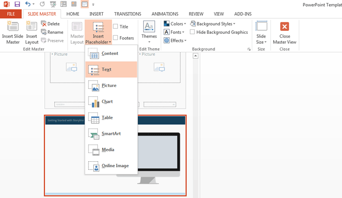 Option text for inserting placeholder on powerpoint