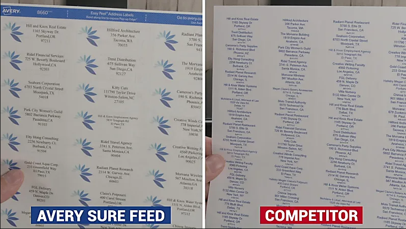 Two images comparing avery sure feed to competitors of Avery® Easy Peel® White Laser Address Labels