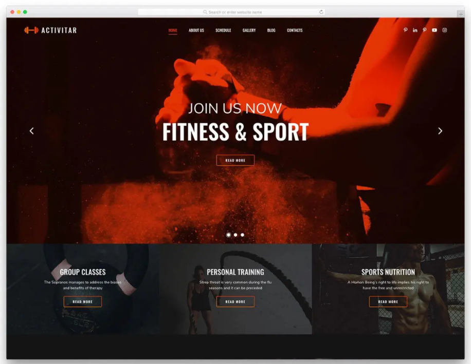 Sample of Activitar Template used in fitness website in MAC PC