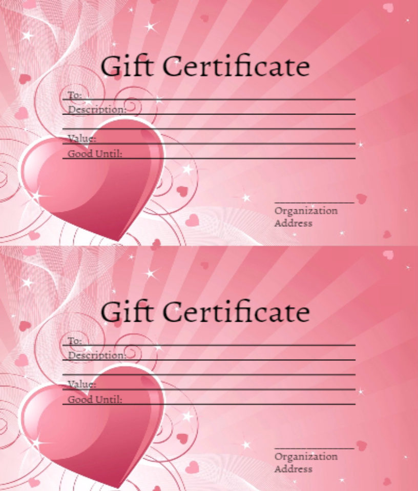 Blank template of radiant heart gift certificate