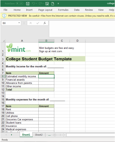 Sample of Mint College Student Budget Spreadsheet Template