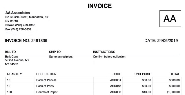 Sample table in invoice for goods sold