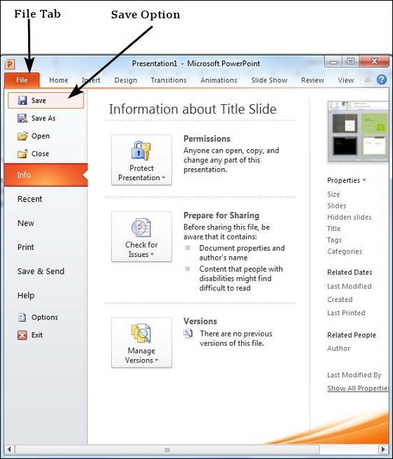 File button location to save powerpoint presentation