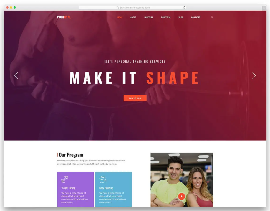 Sample of Ponigym Template used in fitness website in MAC PC