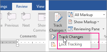 Screenshot of track changes button in MS Word