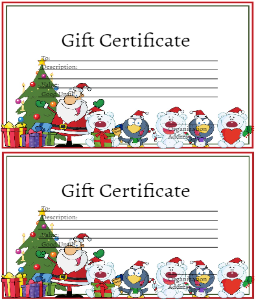 Two blank template of santa claus & the gang gift certificate