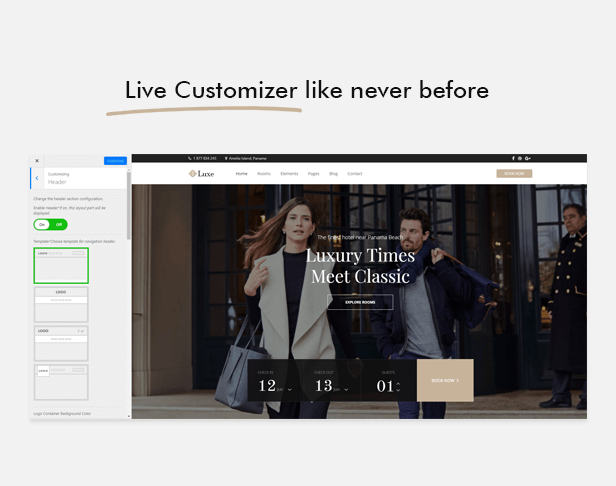 Sample of how Live Customizer in Hotel Luxe Template looks like