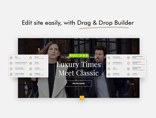 Sample of Drag Drop Builder Hotel Luxe Template being used in editing a website