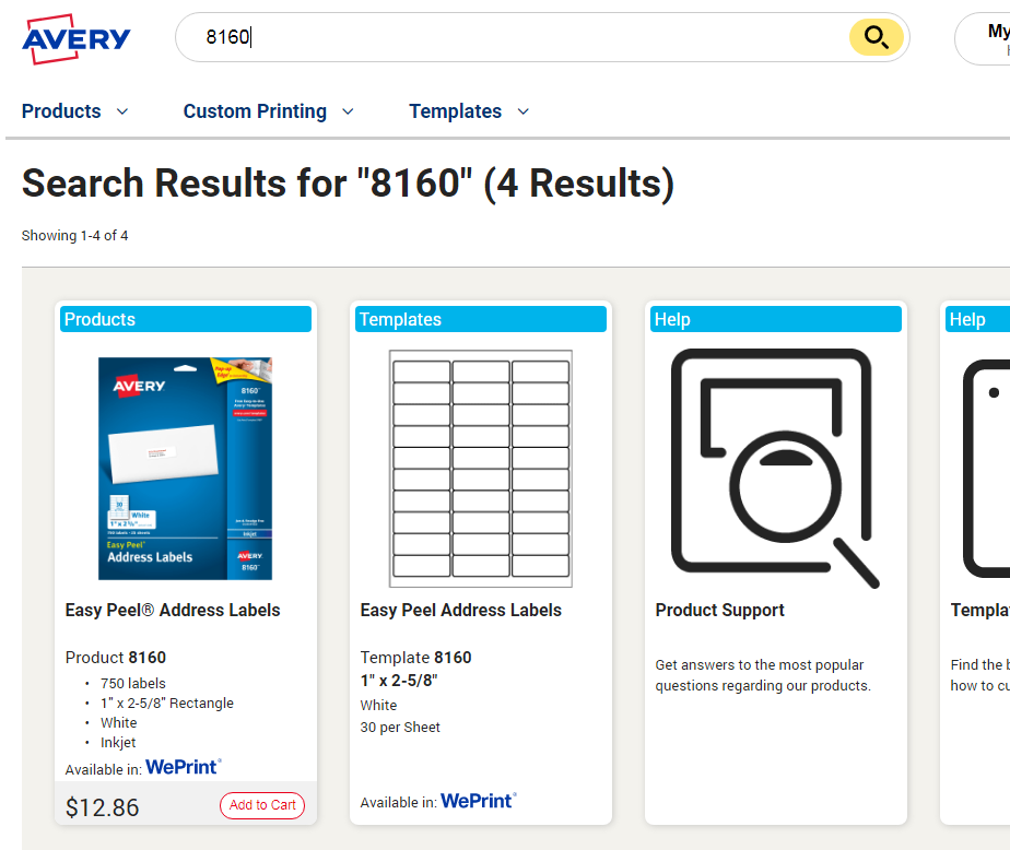 Search results of templates on Avery website