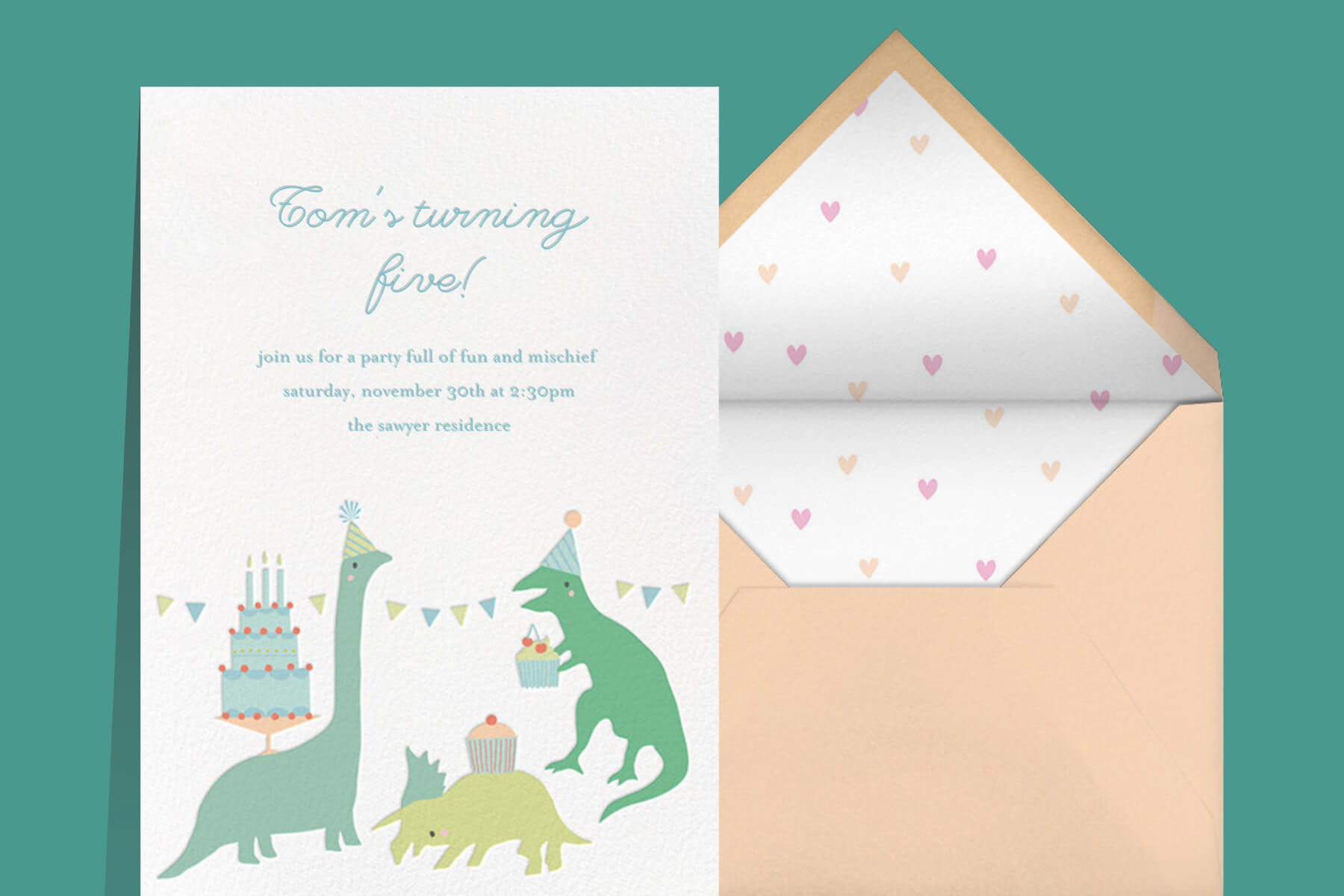 Green invitation with dinosaurs on paper for birthday parade