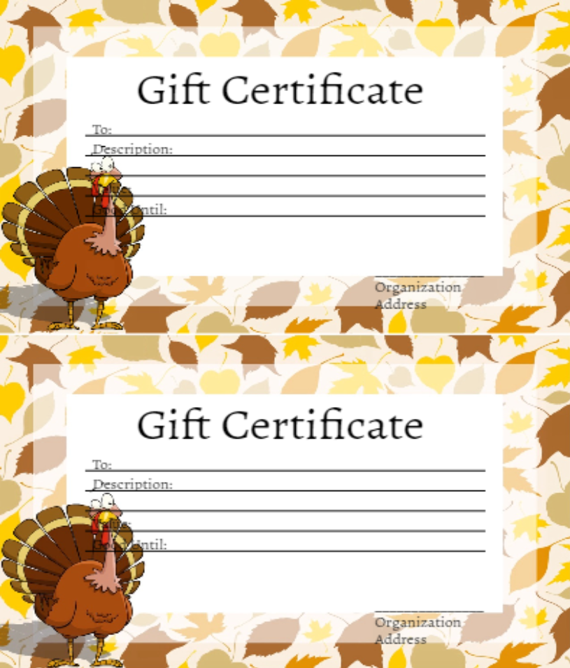 Blank template of cute turkey background gift certificate