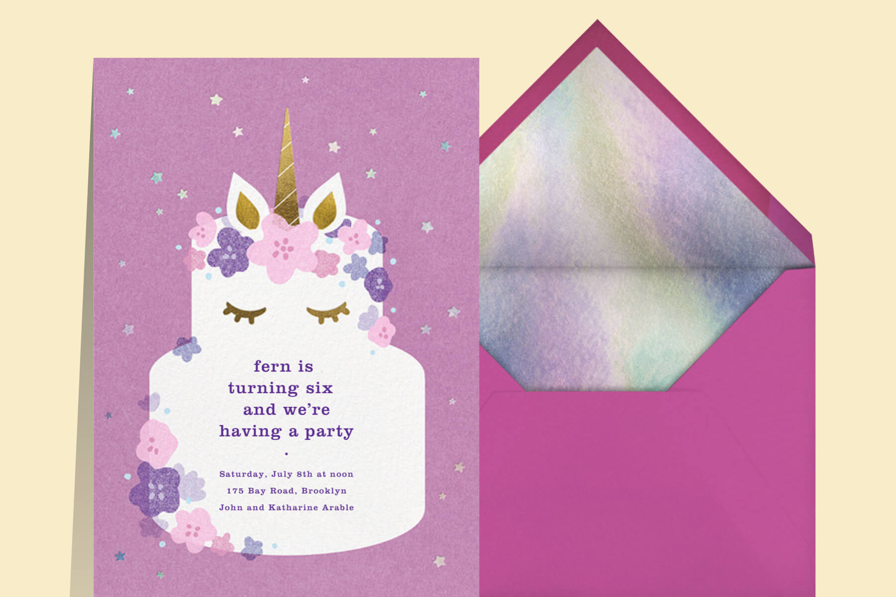 Pink invitation with unicorn cake for birthday parade