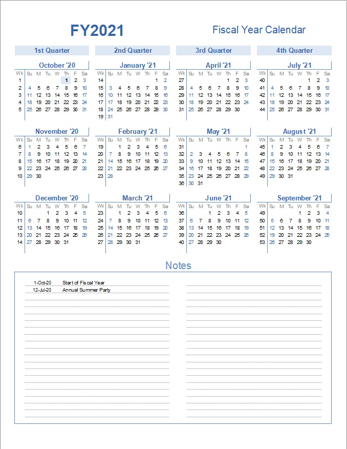 Sample of fiscal year calendar template