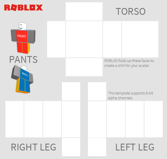 Roblox shirt and pants template with sections divided for torso, arms, right and left leg 
