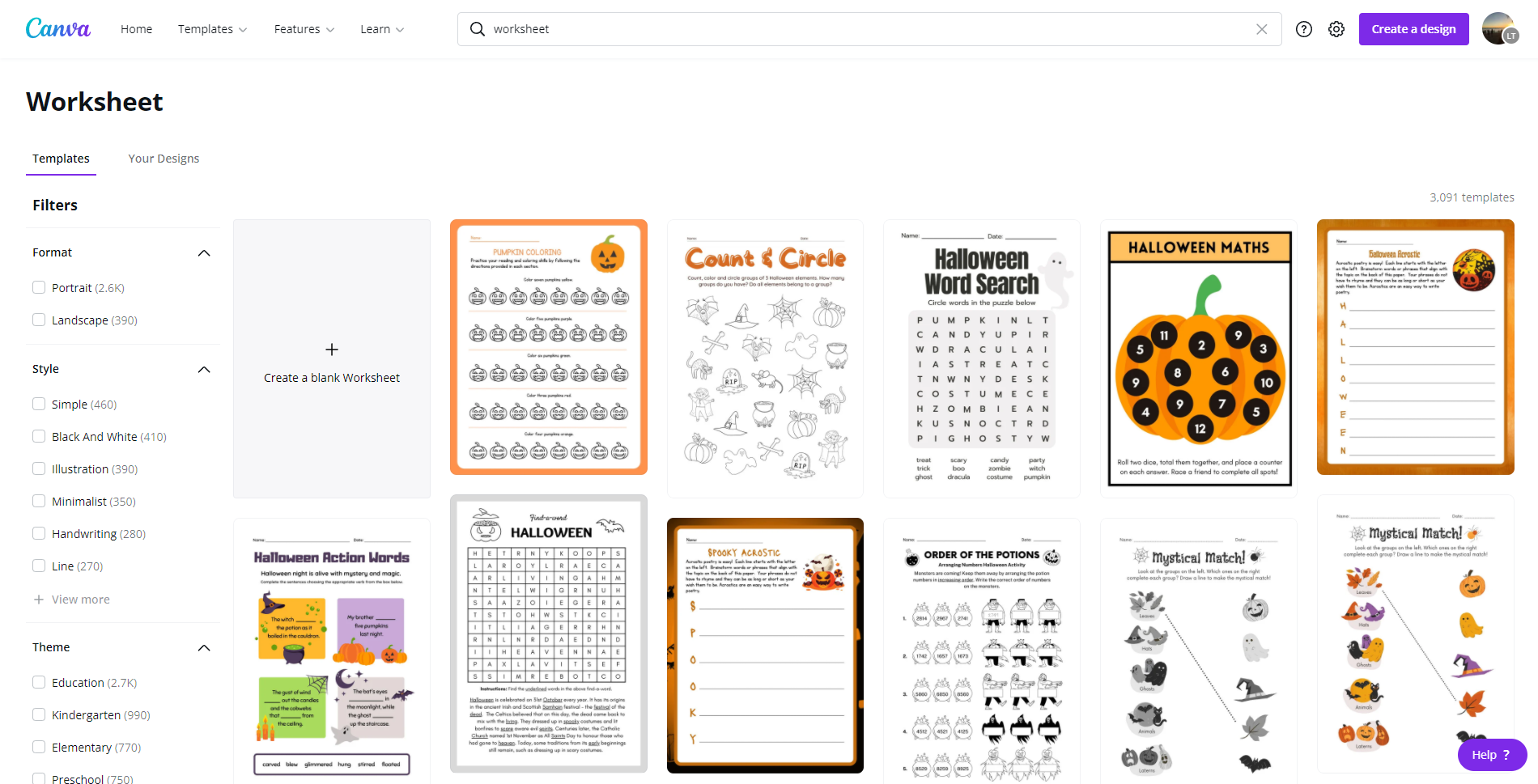 Different worksheet templates available in Canva