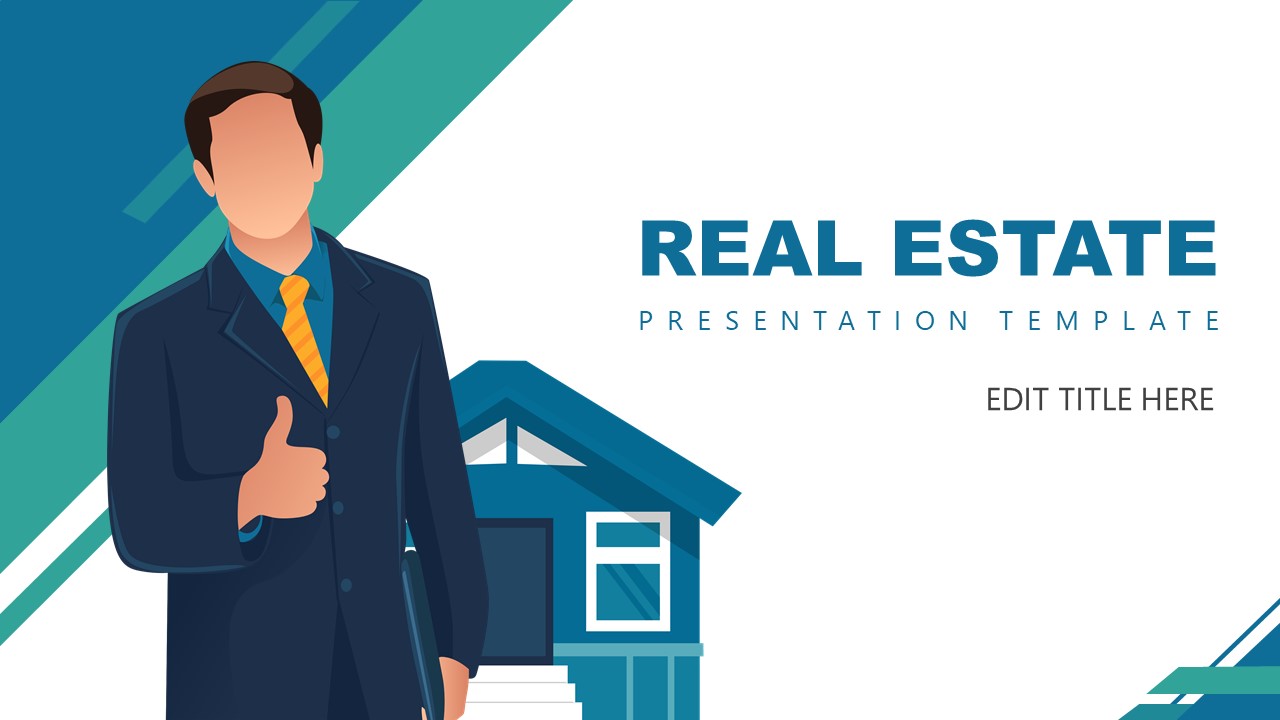Sample slide of Residential Real Estate PowerPoint Template with guy and house background