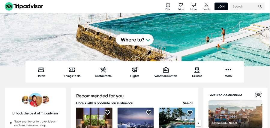 Homepage of Tripadvisor travel website