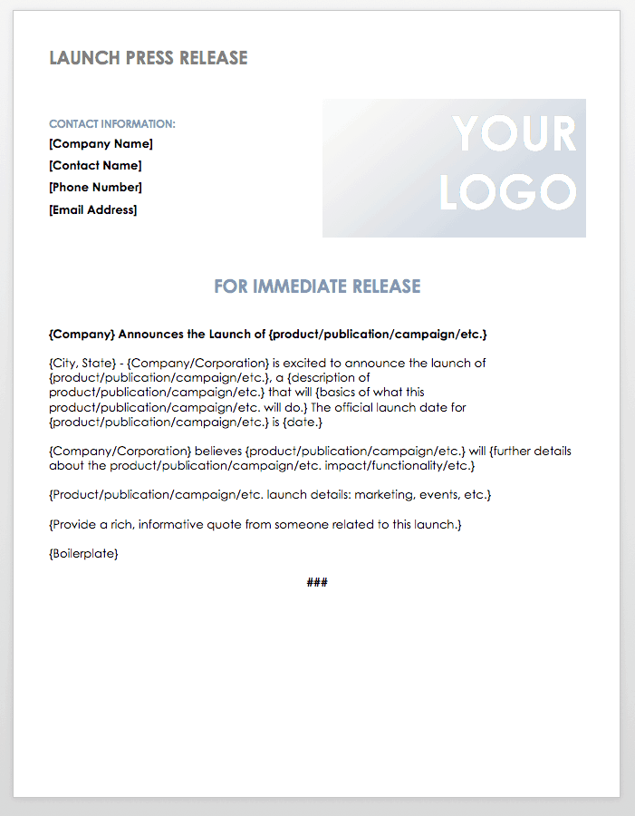 Blank sample of a Launch Press Release Template