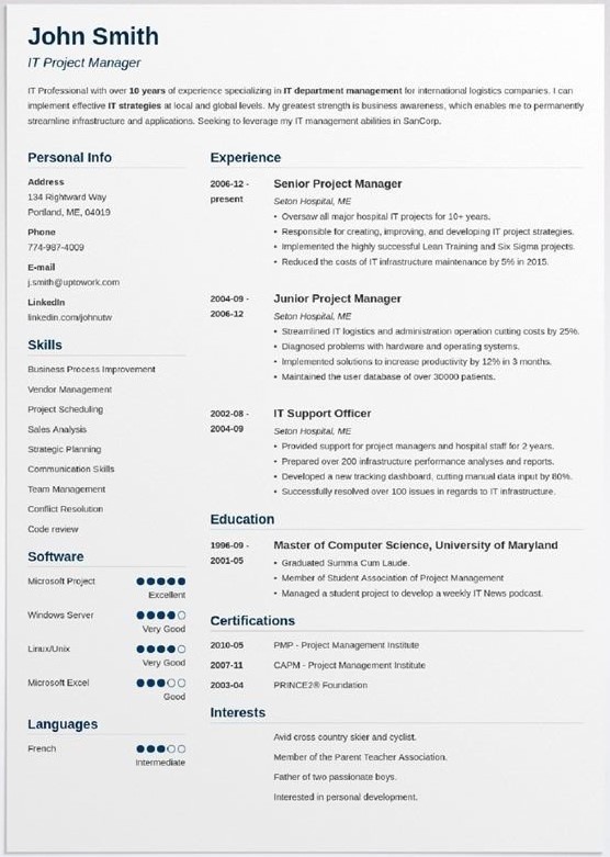 Sample page of simple resume template