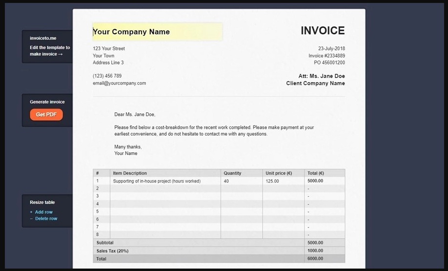 Sample of an invoicetome
