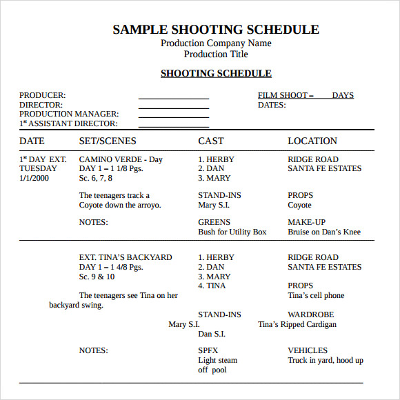 Sample of a Shooting Schedule Template in Word