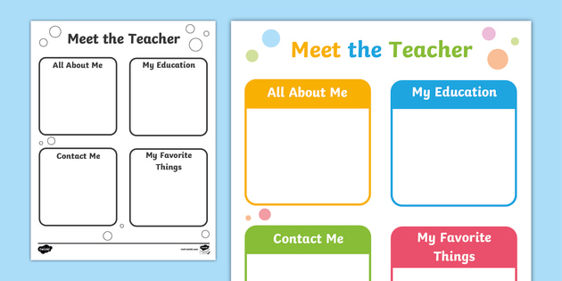 Black and white and colored versions of the same sample of meet the teacher template