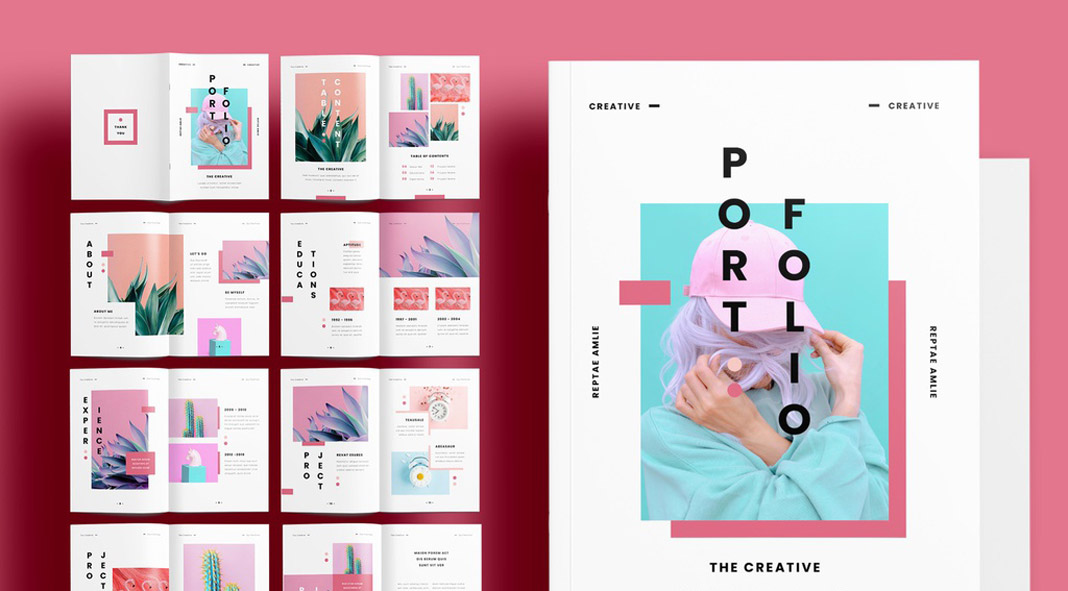 Webpage of a Fashionable pink portfolio template with different options