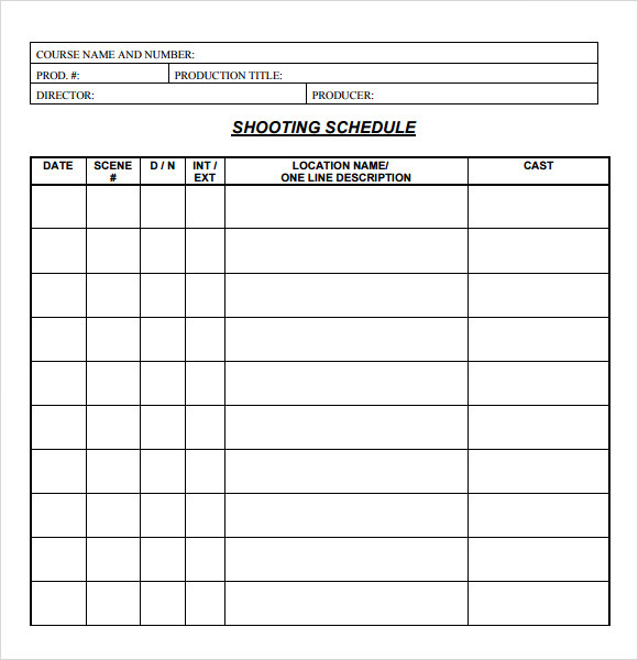Blank sample of Shooting Schedule Template Download