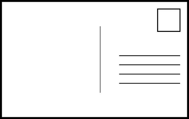Back side of a postcard drawing with left side clear and right side with four lines and small square on upper corner