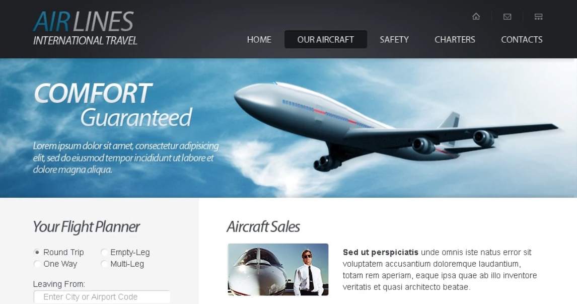 Homepage of website using Airlines travel website template