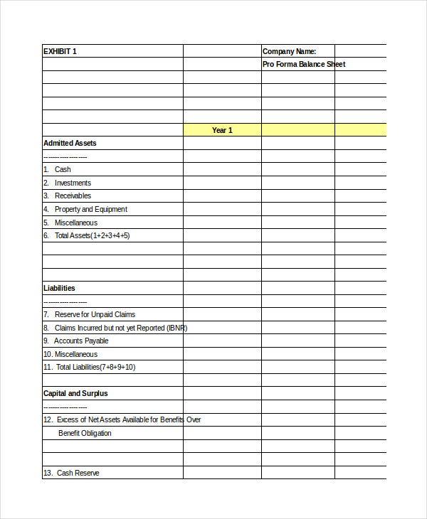 Sample pro forma Microsoft Excel balance sheet template by Template.net