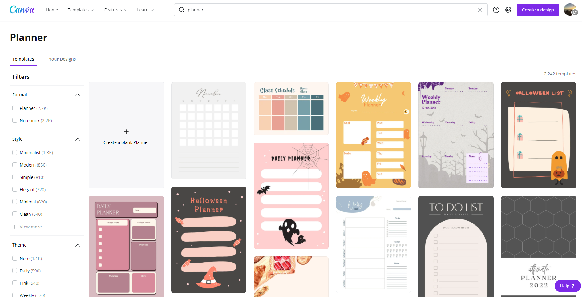 Different planner templates available in Canva