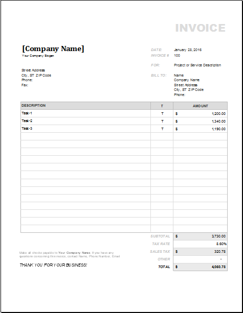 One sample of a Billing statement invoice in MS Word