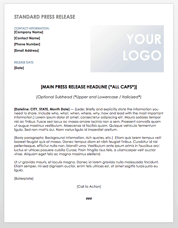 Blank sample of a Standard Press Release Template
