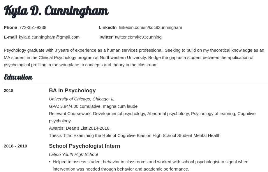 Sample section of a resume with objectives for a Master’s program in Clinical Psychology