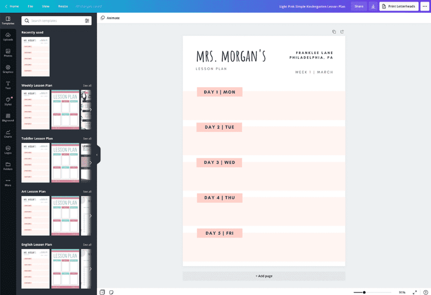 Screenshot of Canva page where you can make a lesson plan with different templates