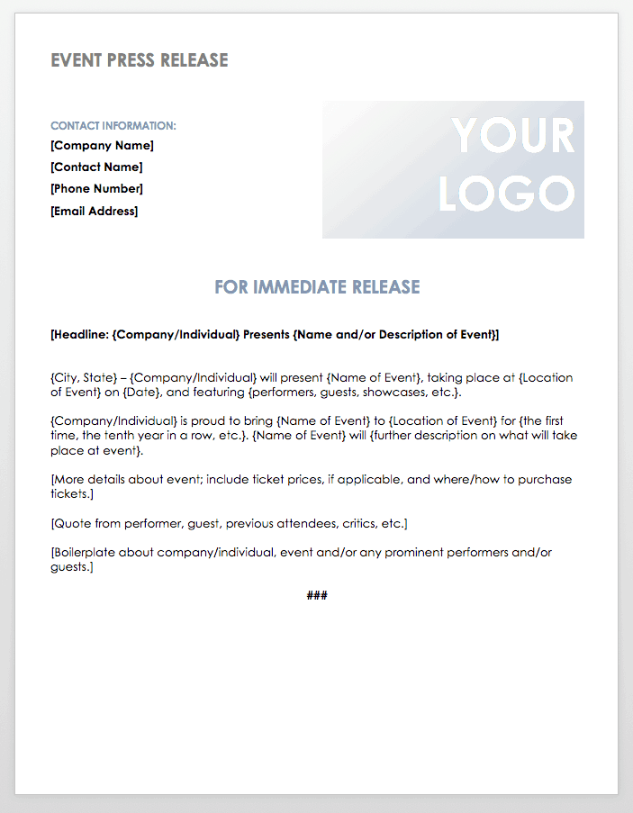 Blank sample of an Event Press Release Template