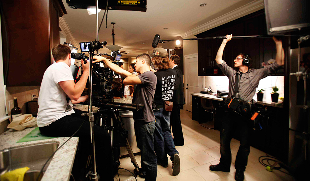 Film crew on set shooting a scene