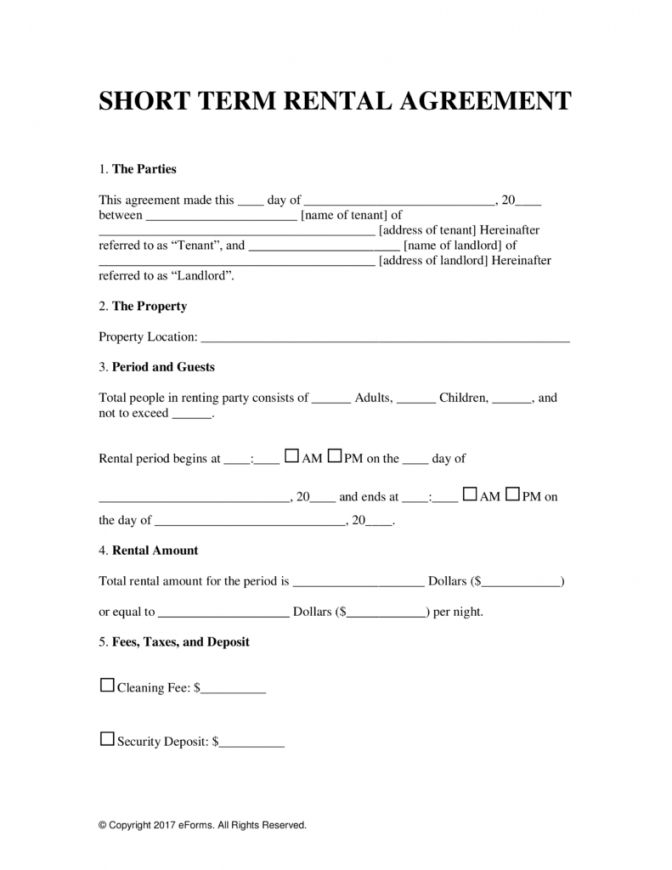 Short term rental lease agreement template creating a contract between the parties 