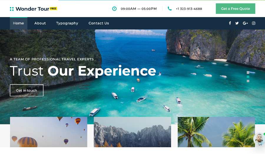 Homepage of a website using Wonder Tour travel website template