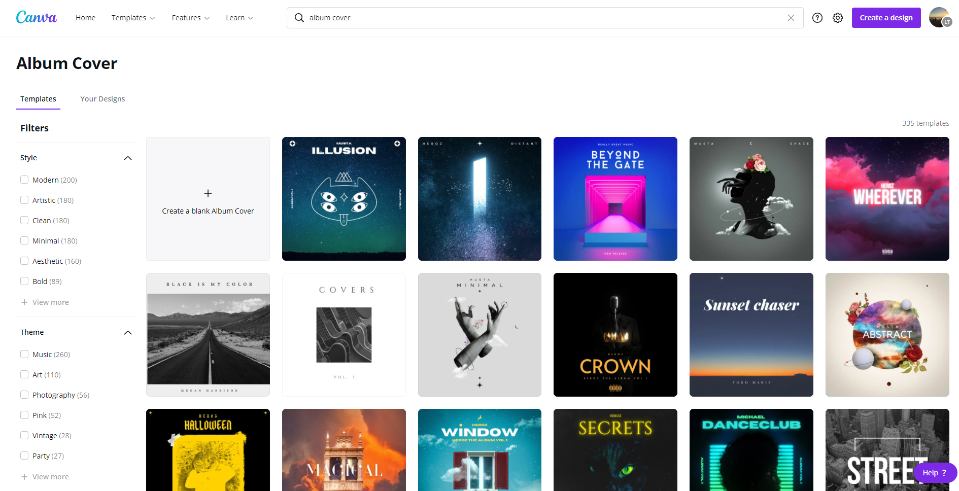 Different album cover templates available in Canva